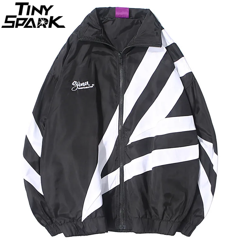 Men Hip Hop Streetwear Geometric Jacket Color Block Harajuku Track Jacket Windbreaker Autumn 2018 Black Zip-Up Jacket Coat Retro