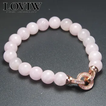 

Vogue Rose Pink Quartz Bead Bracelets with Rose Gold Color Macro Paved CZ Circle Clasp European thomas Fashion Jewelry for Women