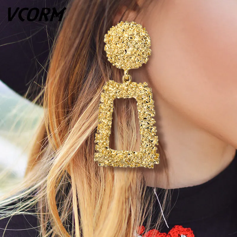 

VCORM Statement Geometric Long Metal Drop Earrings for Women Fashion Vintage Big Rose Gold Silver Dangle Earring 2019 Jewelry
