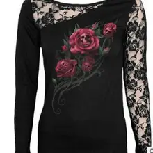 30 шт.,, быстрая, модная женская футболка с принтом черепа, с длинными рукавами, черные кружевные лоскутные футболки, пуловеры, плюс