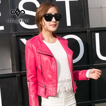 

ladies leather jacket spring and autumn Slim short paragraph motorcycle leather jacket women black and pink leather coat15H116