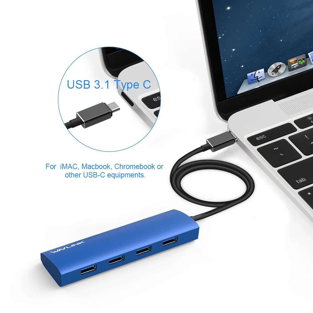 Wavlink алюминиевый USB 3,0 концентратор 4 порта type C адаптер с USB C женский зарядный порт для MacBook Pro ChromeBook Pixel Windows синий