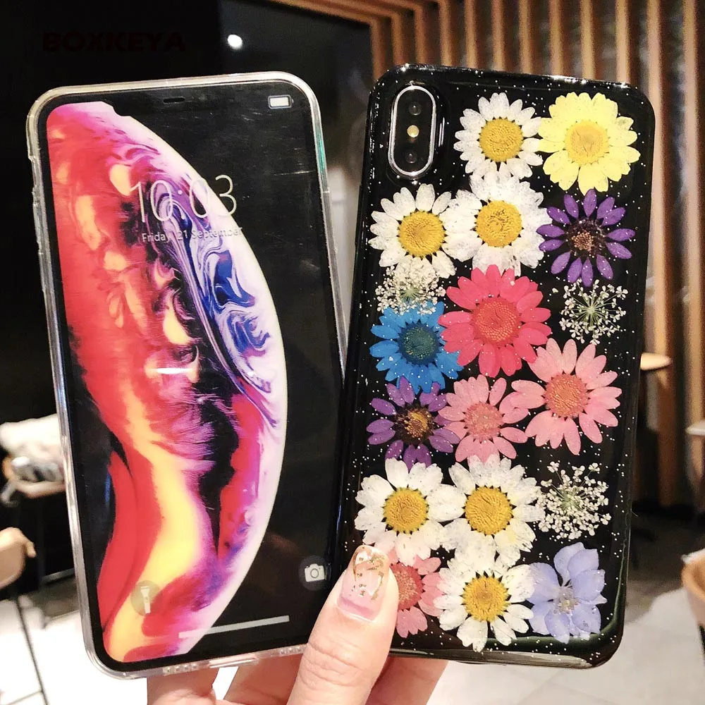 DIY блестящие ручной работы настоящие сухие цветы Чехлы для iPhone 6 6s 7 8 plus X XS XR Max