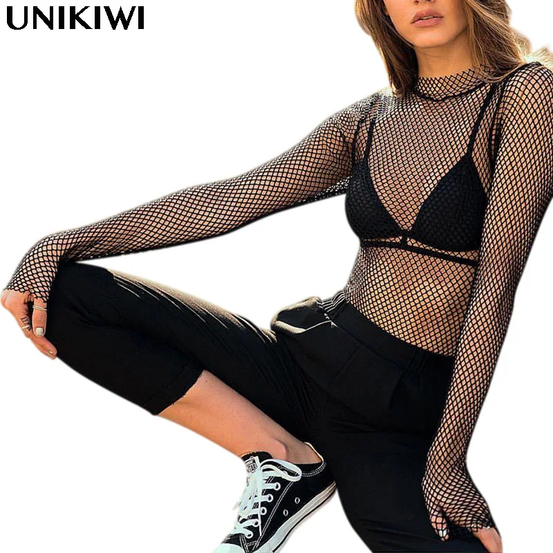 

Sexy Women's Perspective Hollow Out Mesh T shirt.Casual Skinny Long-Sleeve Mesh Net Basic T-shirts Tops.Chic Streetwear Tees