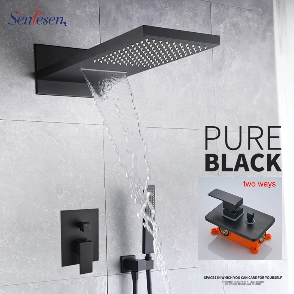 

Senlesen Black Mixer Shower Faucets Set Rain Waterfall Shower Head Mixer Tap Bath 3-ways Faucet