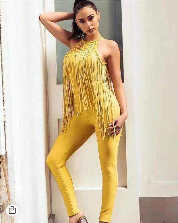 New Fashion Sexy Tassel Black Yellow Bandage Jumpsuit 2018