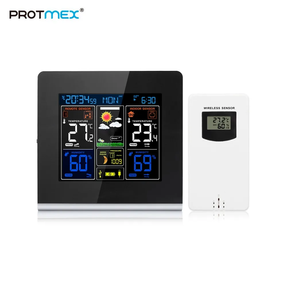 Protmex 3379C метеостанция, Wilress color HD дисплей, метеостанция, цифровой будильник с крытым и открытым