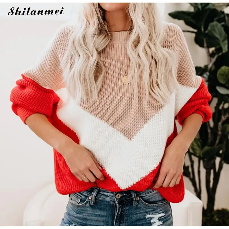 2019 Новый многоцветный осенний женский свитер с круглым вырезом и длинным рукавом Пуловеры повседневные трикотажные свободные топы
