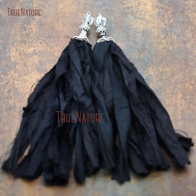 Модные черные бахромы Sari кулон с шелковыми нитями античные серебряные шапки Glory