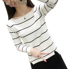 Весна и осень Для женщин корейский вариант футболка с длинными рукавами, свитер в полоску спокойной свитер