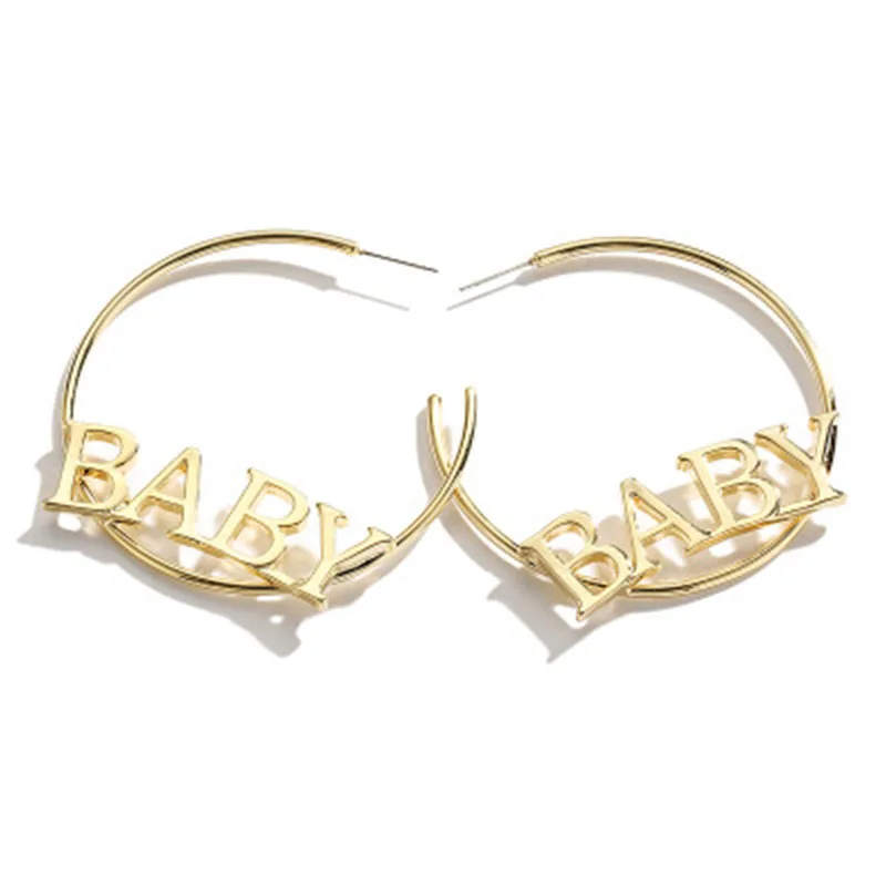 

Euramerican Fashion Big Round Circle Letter "BABY" Hoop Earrings For women web celebrity Personalized Club Party earrings E18095