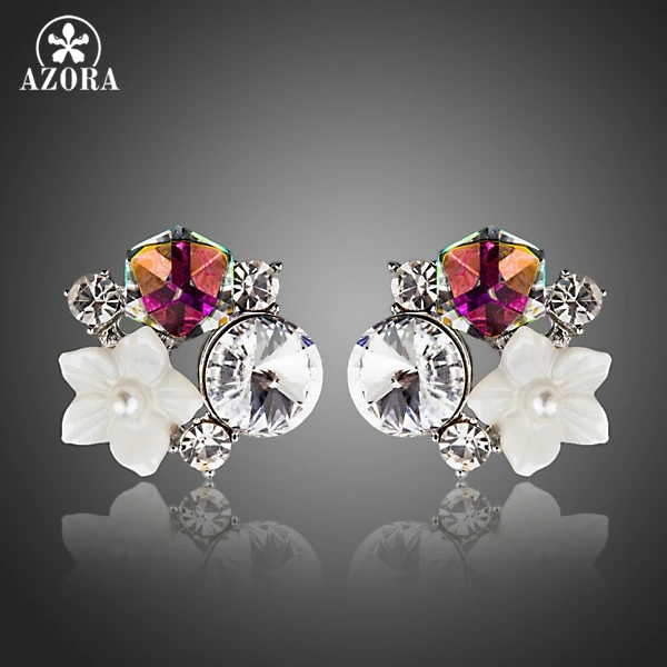 AZORA New Small White Shell Flower With Multicolour Stellux Austrian Polyhedron Crystal Stud Earring for Women TE0270