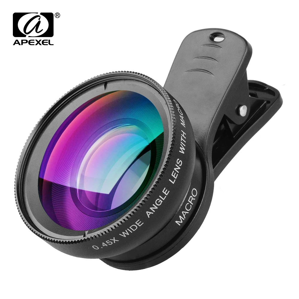 wide angle camera phone APEXEL Professional HD Camera Lens Kit 0.45X Wide Angle 12.5X Macro Lens Mobile Phone Lens for iPhone 6s plus 7 8 Samsung Huawei 4 lens camera phone