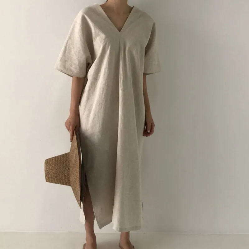 

Summer Solid V-neck Midi Dress Korean Short Sleeve Split Dress Flare Sleeve Loose Casual Dress