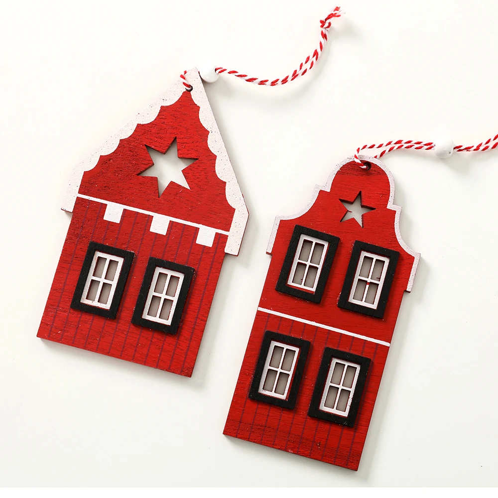 

Set of 2 Christmas wooden hanging ornament house shape home decoration