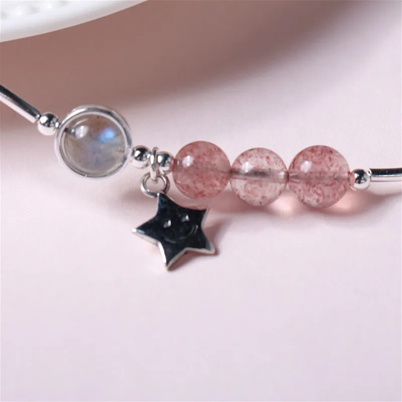 Flyleaf Strawberry Crystal Moonstone Star Real 925 Sterling Silver Bracelets For Women Fashion Fine Jewelry Bracelets& Bangles
