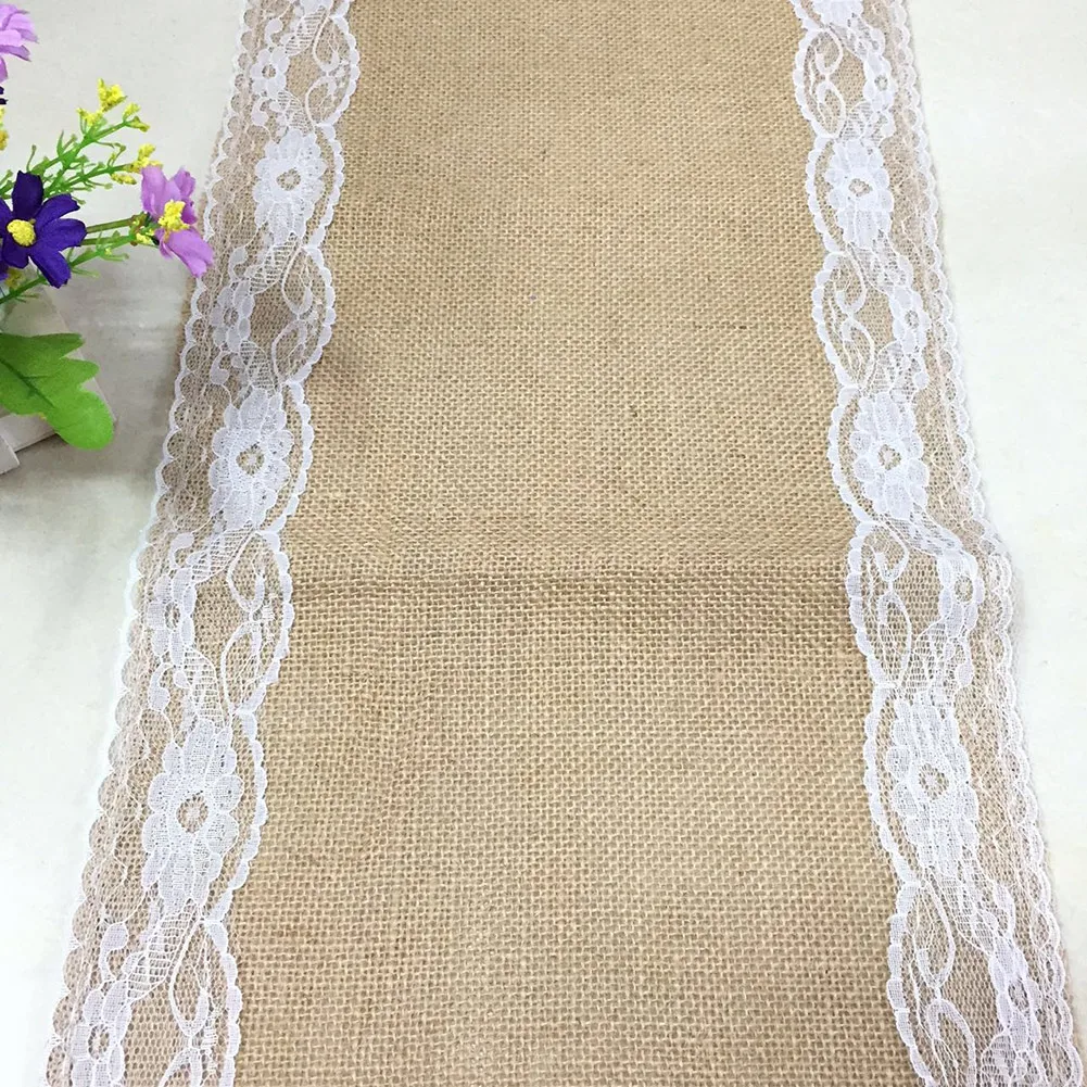 Vintage Burlap Jute Linen Table Runner Lace Cloth Dinning Room Table Gadget Home Decor Accessory E2S - Цвет: 30x275cm