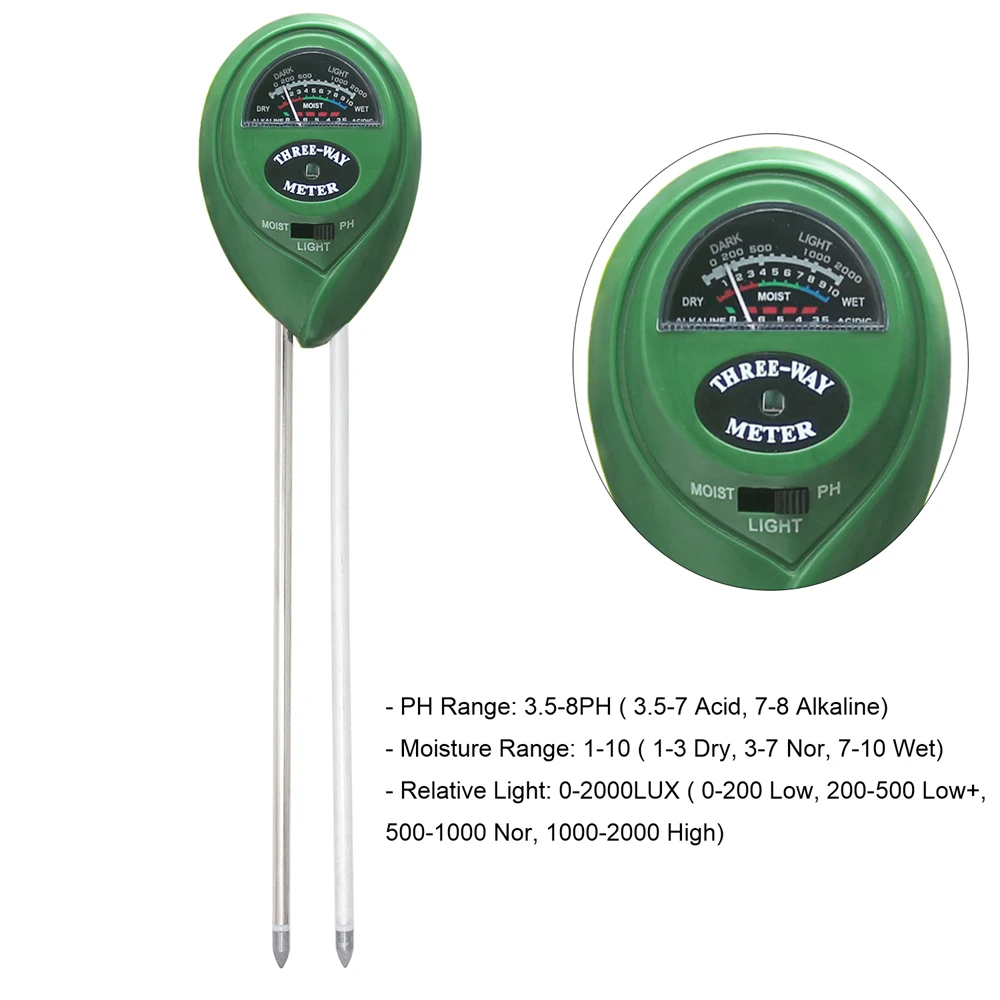 

3 in 1 Soil PH Meter 3.5-8 pH Soil Moisture PH Sunlight Tester Light Humidity Measurement Tools for Garden Plant Greenhouse