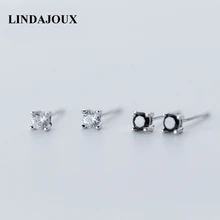 LINDAJOUX белые/Черные Квадратные циркониевые 925 пробы серебряные серьги-гвоздики для женщин Стерлинговое Серебро-ювелирные изделия маленькие серьги-гвоздики
