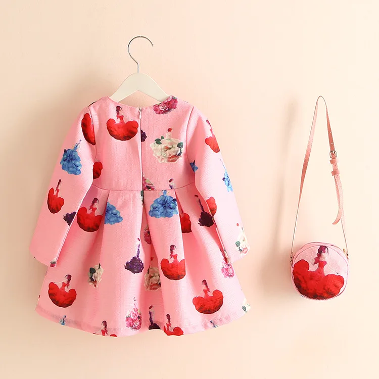Babzapleume/весенне-Осенняя детская одежда, платья платье с длинными рукавами и цветочным рисунком для маленьких девочек+ сумка, комплект детской одежды из 2 предметов, BC1319
