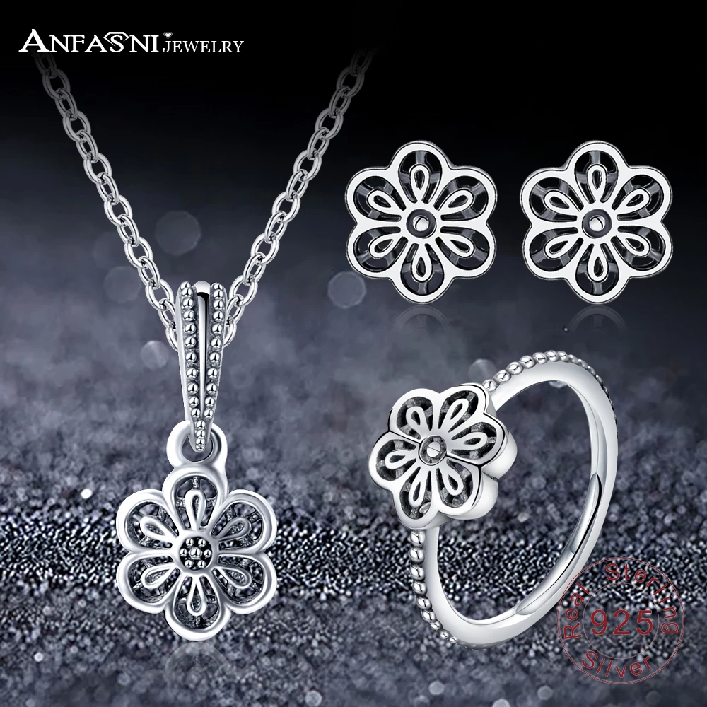 

ANFASNI Fashion 100% 925 Sterling Silver Openwork Flower Floral Daisy Lace Jewelry Sets For Women Wedding Party Gift PSST0016-B