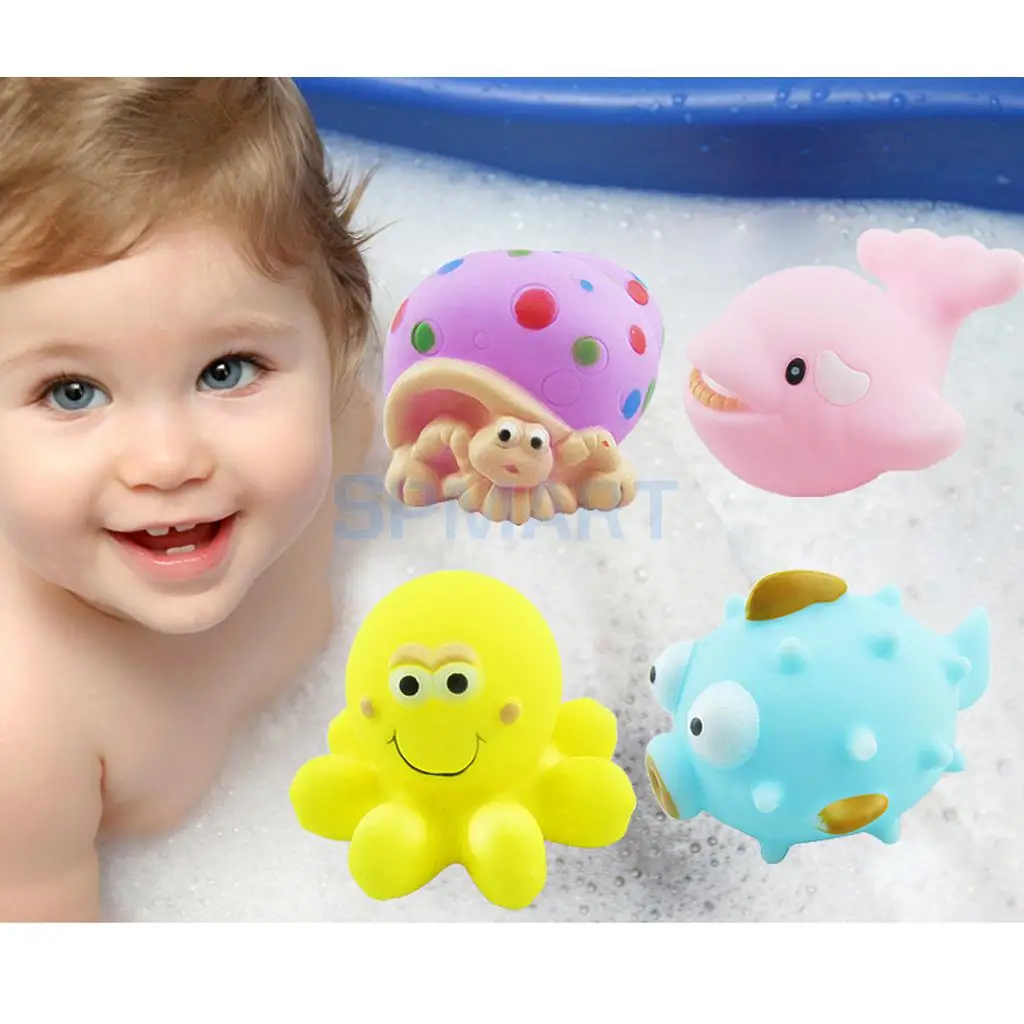 4 pcs Baby Bath Squeaky Toys Colorful Rubber Marine Animals Baby Bathing Floating Great Giftin