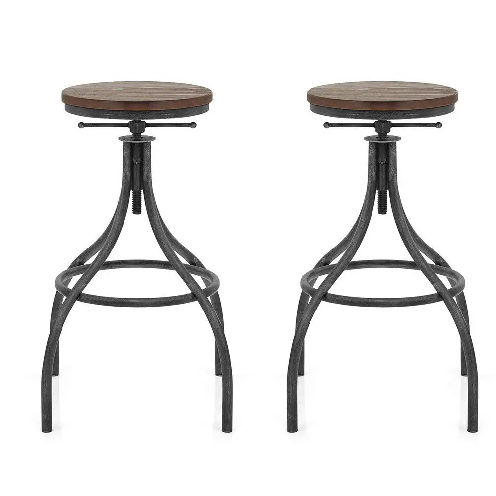 Set of 2-Industrial Bar Stool Swivel Wood Seat Counter Height Adjustable-27-31\