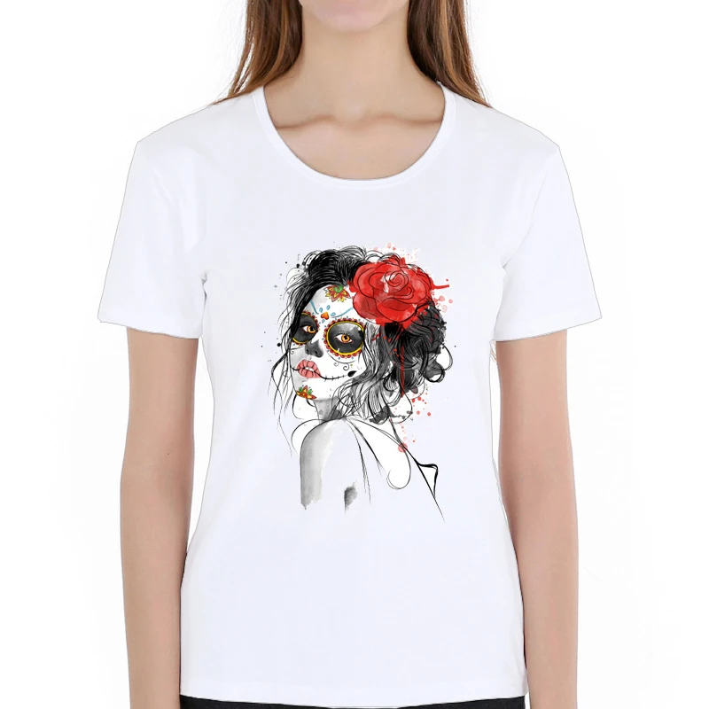 

Day Of The Dead Shirt Sugar Skull Girl With Rose Tattoo TShirt Cool Fashion Clothes For Women maiden Big Tall Size XXXL 2019