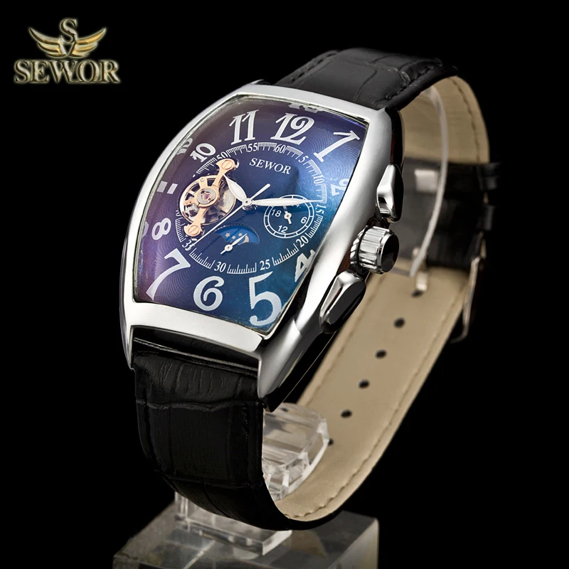 Tanie SEWOR Top luksusowa marka moda typ beczki skórzany pasek zegarka mężczyzna automatyczny zegarek mechaniczny zegarki sportowe darmowa wysyłka