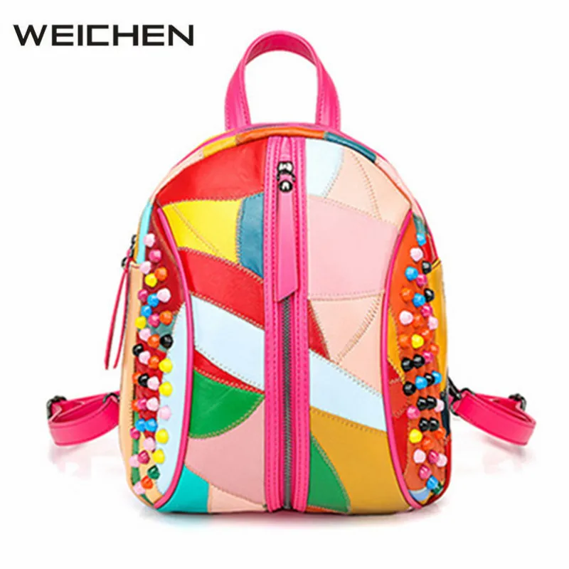 

Colorful Women Backpacks Rivets Genuine Leather Shoulder Bags Small Student School Bag Casual Travel Backpack Feminina Mochilas