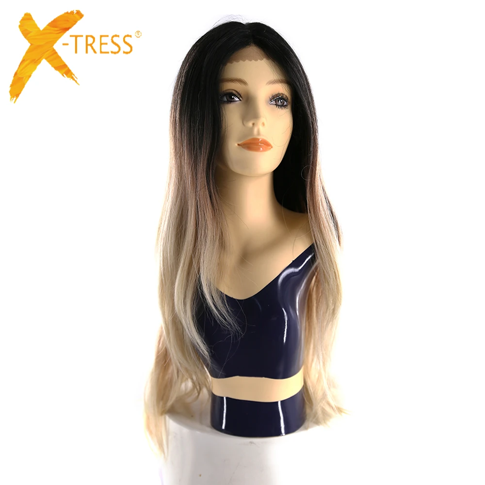 Ombre Black Blonde 613 Color Dark Roots Lace Front Synthetic Hair Wigs For Women X-TRESS Long Natural Wave Lace Wig Middle Part