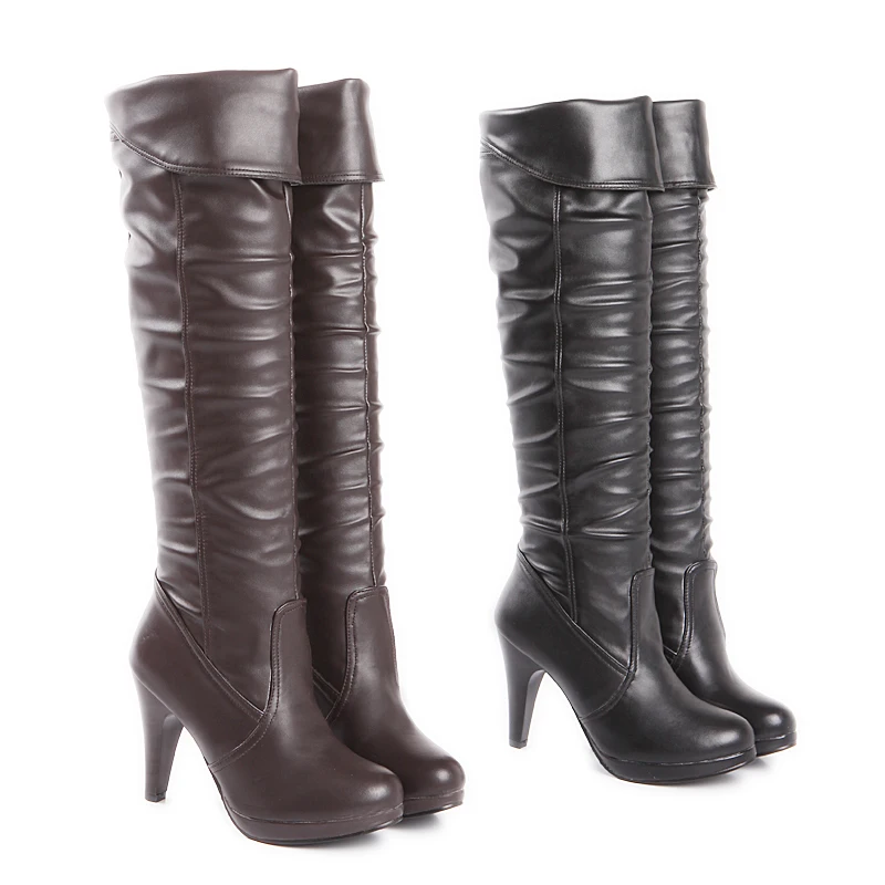 Оригинальное предназначение; новые модные осенне-зимние сапоги до колена; женская обувь на высоком каблуке с круглым носком; женская обувь на платформе; большие размеры США 4-16