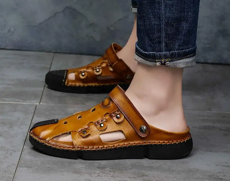 Summer New Mens Beach Shoes Casual Breathable Cow Leather Sandals Slippers