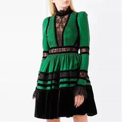 2018 осеннее женское платье высокого качества с длинным рукавом Кружевное Стильное зеленое платье Vestidos пэчворк Elestic Талия подиумное платье