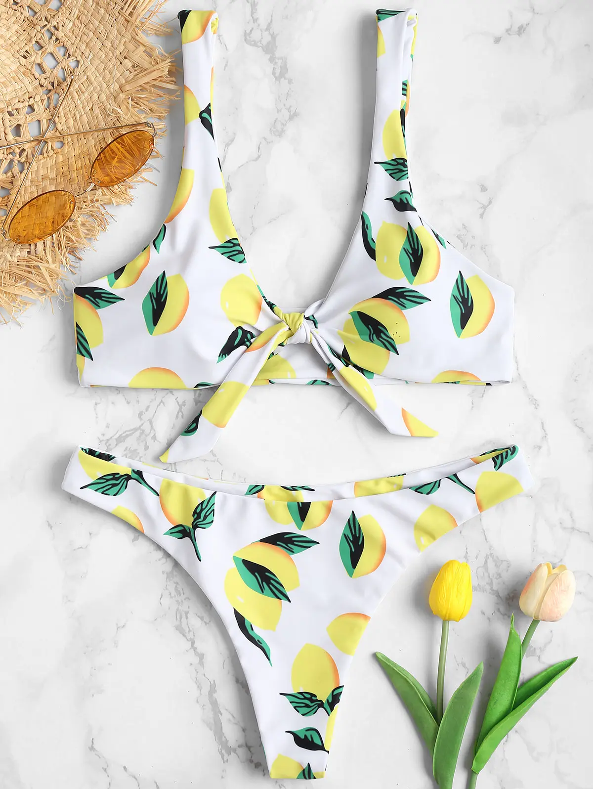 White bikini ZAFUL, лимон, принт, мягкий, бикини, набор, галстук-бабочка, женский купальник, мягкий, бикини, с высокой посадкой, купальник, женский, купальник, Maillot De Bain - Цвет: White bikini