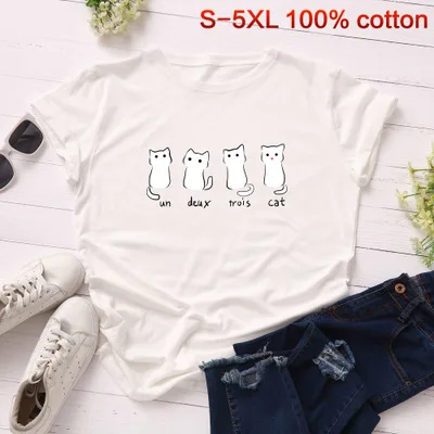 white SINGRAIN Повседневное "кошачий футболком одноразмерные хлопковые топы S-5XL Harajuku короткий рукав, принт с животными, футболка - Цвет: white