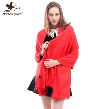 

Marte&Joven Fashion Red Imitation Cashmere Long Pashmina Scarves with Pearl Women Winter Warm Solid Color Fringed Scarf Stoles