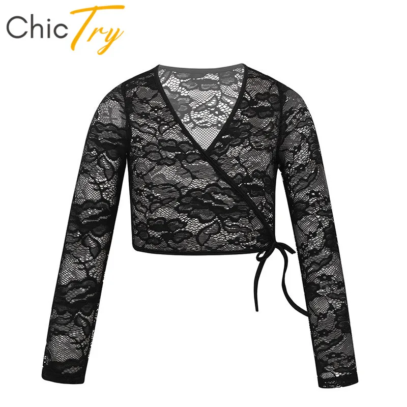 

ChicTry Kids Teens Floral Lace Long Sleeve Dance Wrap Tops Jacket Children Girls Gymnastics Ballet Leotard Cover-up Dance Wear