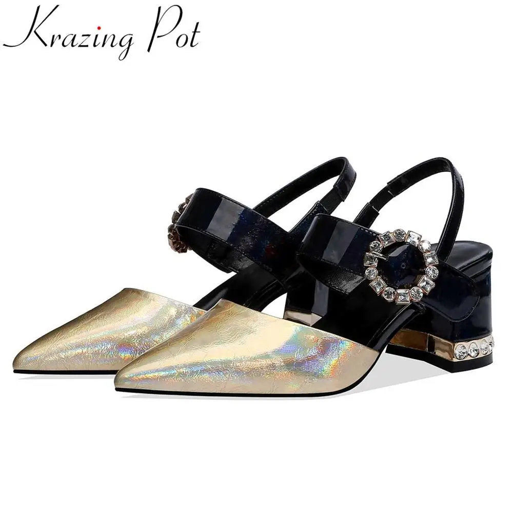 

Krazing pot streetwear mixed colors patent leather women sandals slip on crystals buckle high heels summer brand daily shoes L55