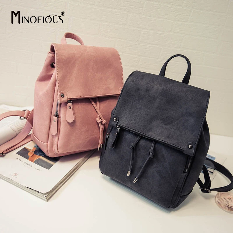 

MINOFIOUS Women Vintage Casual Soft PU Leather Backpack Fashion Simple School Bag for Students Solid Large Capacity Backpacks