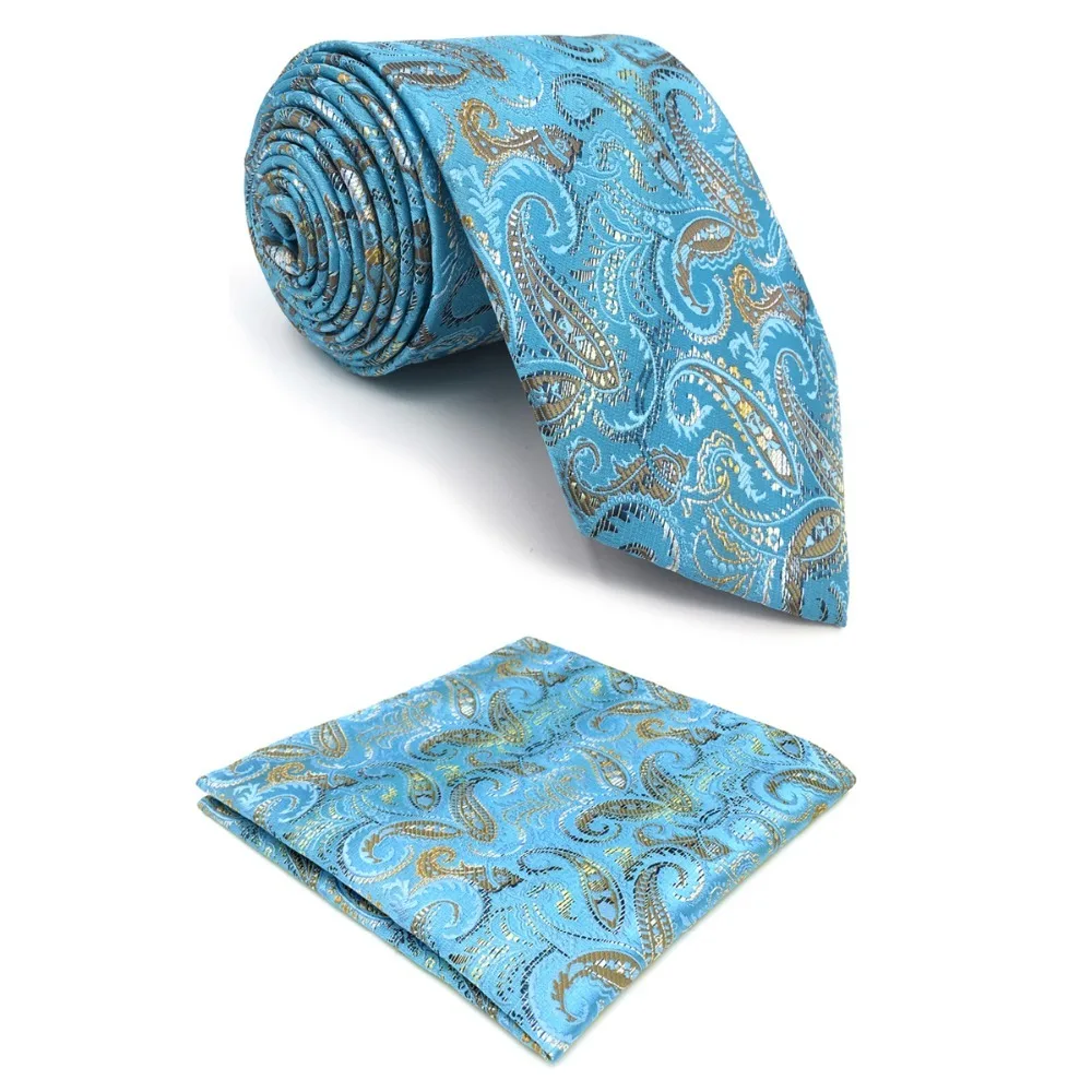 

D9 Blue Paisley Mens Ties Silk Ties for Men Pocket Square Set Extra Long