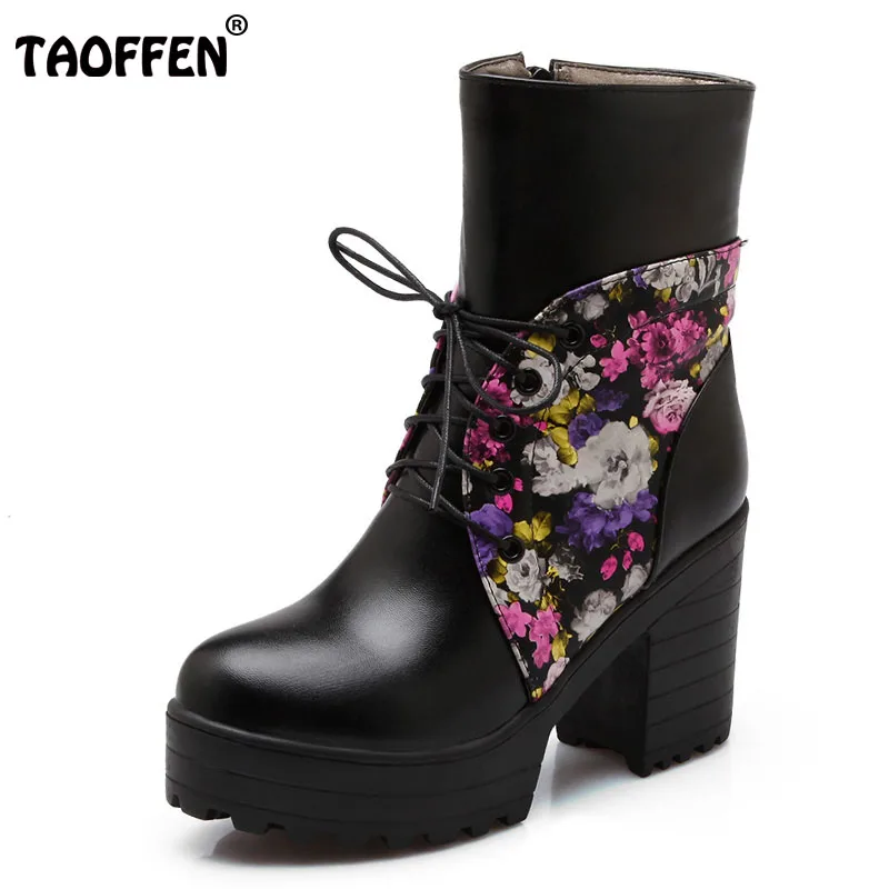 

TAOFFEN Size 34-43 Women Platform High Heel Boots Print Cross Strap Short Boot Warm Shoes Mid Calf Boots For Sexy Women Footwear