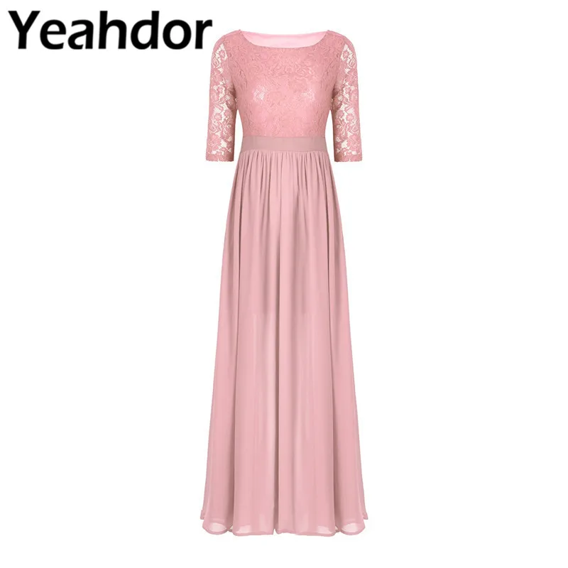 

Elegant Women Ladies Half Sleeves Embroidered Lace Floral Front Slit Floor Length Chiffon Dress Long Evening Prom Party Gowns