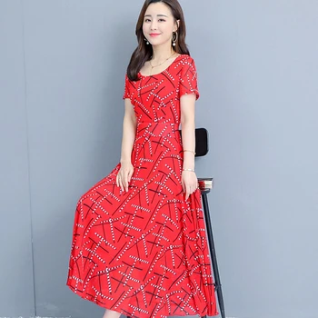 

EFINNY Fashion Women Short Sleeve Dresses Summer Dress Print Female Plaid Red Color Dress