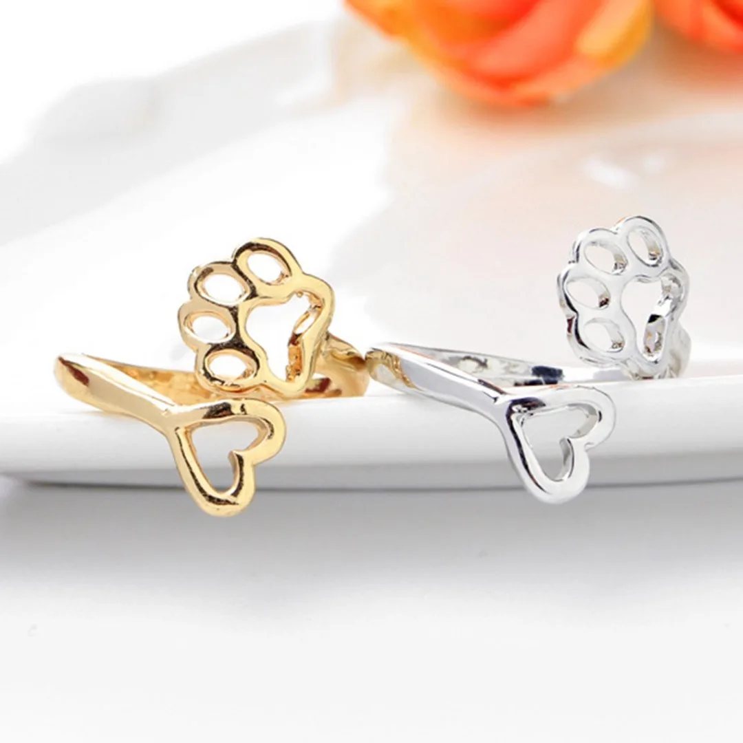 Charming Elegant Women Love Heart Adjustable Rings Fashion Cute Dog Pet Paw Print Beauty Hollow Open Ring Lovely Animal Jewelry