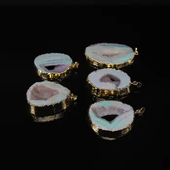 

5pcs/lot,Light Blue green Druzy Geode Slab Nugget Pendants,Raw Drusy Agates Geode Freeform Slice Gold edge Pendant Jewelry