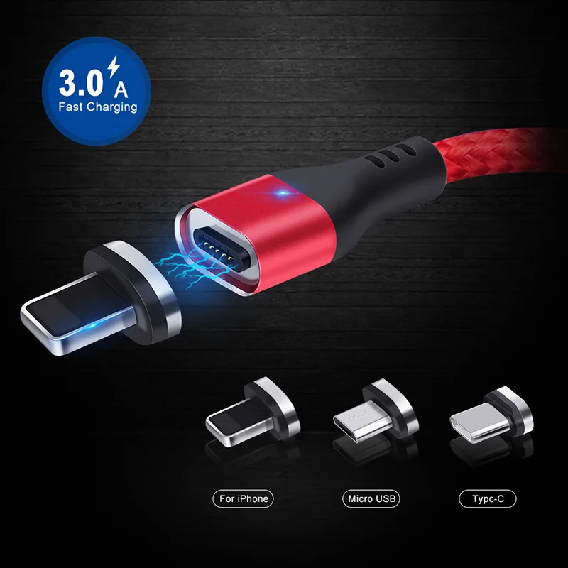 Магнитный кабель для быстрой зарядки 3 А, светодиодный usb-кабель для зарядки iPhone 7, 8 Plus, X, XS, Max, 6 S, 6 S, S8, S9, Micro USB type C, адаптер USBC
