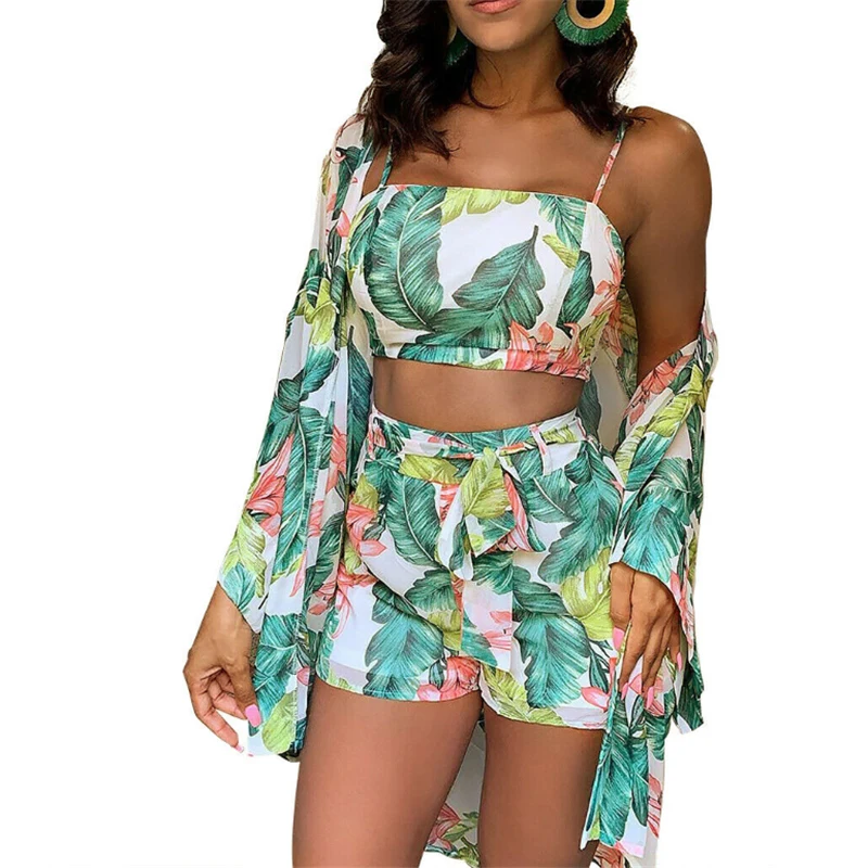 Summer New Women Boho 3Pcs Floral Print Cardigan Blouse+Crop Top+Shorts Lady Holiday Beach Three Pieces Set Casual Shorts Sets