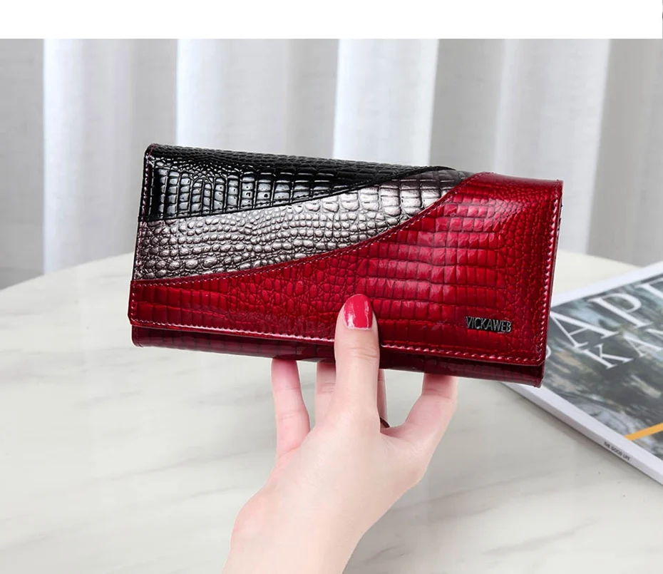 VICKAWEB Wallet Female Patchwork Long Women Wallets Genuine Leather Purses Ladies Vintage Hasp Purse Alligator Standard Wallets-AE150-1-008