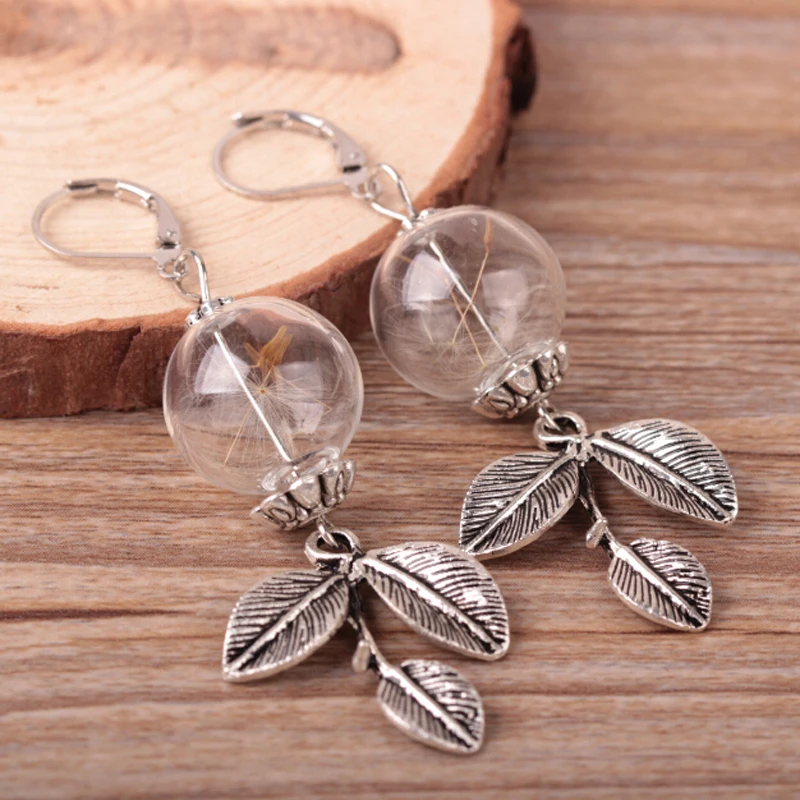 Charm Leaf Drop Earrings Dandelion Seed Glass Orb Earrings Make a Wish Earrings